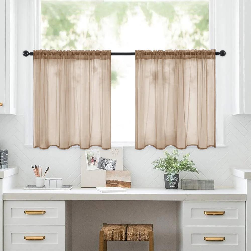2pcs Sheer Kitchen Short Curtains Rod Pocket Room Divider Semi-Blackout Window Valances for Bathroom Bedroom Rideaux Chambre