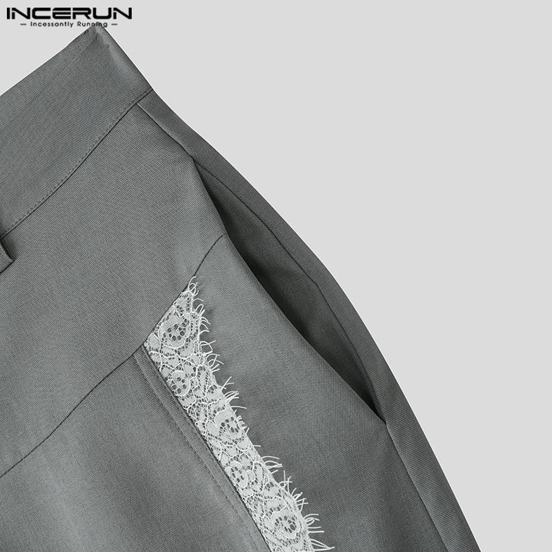 INCERUN Мужские повседневные длинные прямые брюки на молнии с кружевной вставкой сбоку на талии