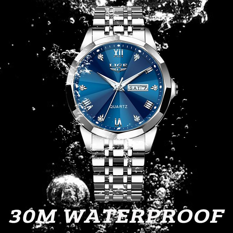 LIGE Новые мужские модные часы, роскошные деловые кварцевые часы из нержавеющей стали, водонепроницаемые часы, ночное свечение, дата, хронометр, часы