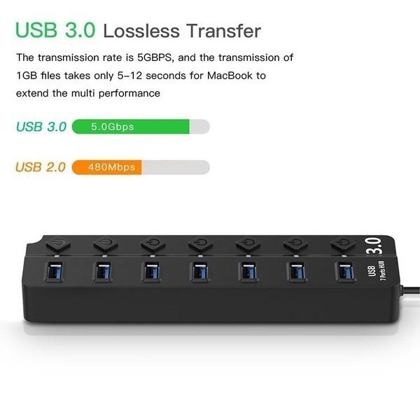 4/7-портовый концентратор USB 3.0. Высокоскоростной разветвитель-распределитель 5 Гбит/с с независимым светодиодным переключателем. Зарядный концентратор USB 3.0.