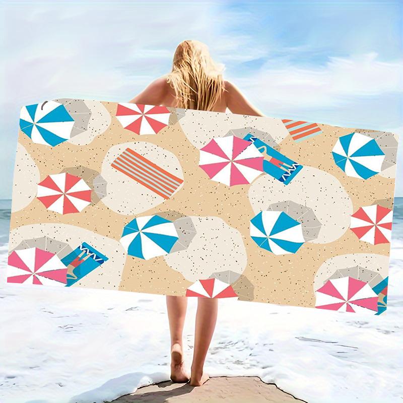 Beige Sand Umbrella Geometric Beach Towel Vintage Resort Style Quick Dry Microfiber Towel For Summer Pool