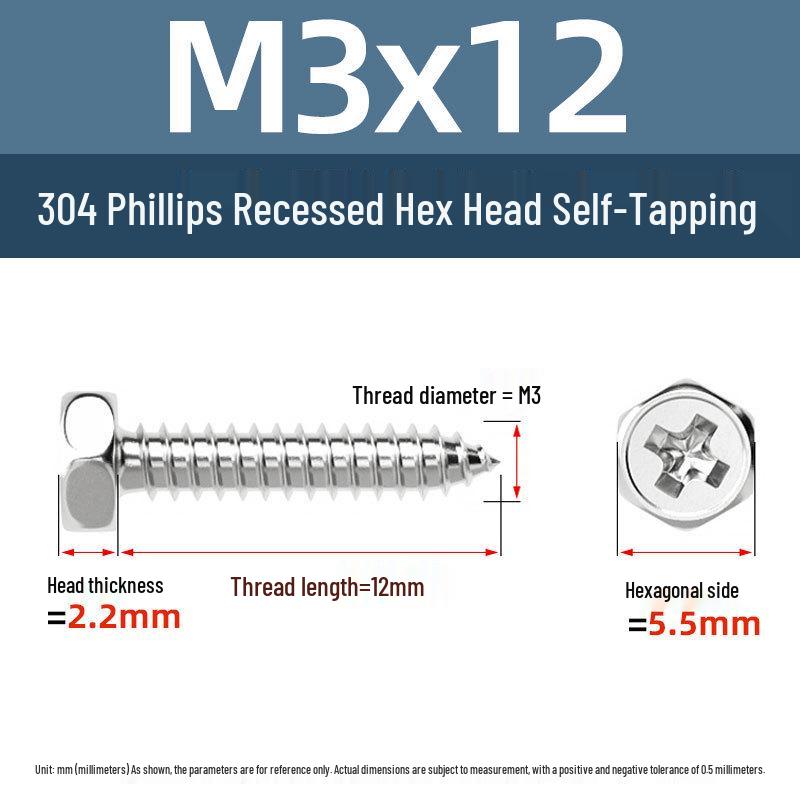 Yigu 304 Stainless Steel Phillips Recessed Hex and Slotted Self-Tapping Screws for Wood, M3-M8
