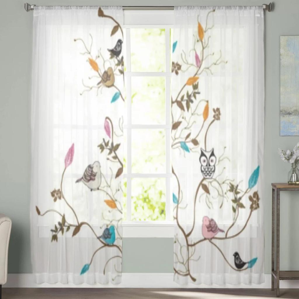 Прозрачные шторы с птицами на ветках для гостиной, тюлевые шторы для детской спальни, кухонные шторы для окон