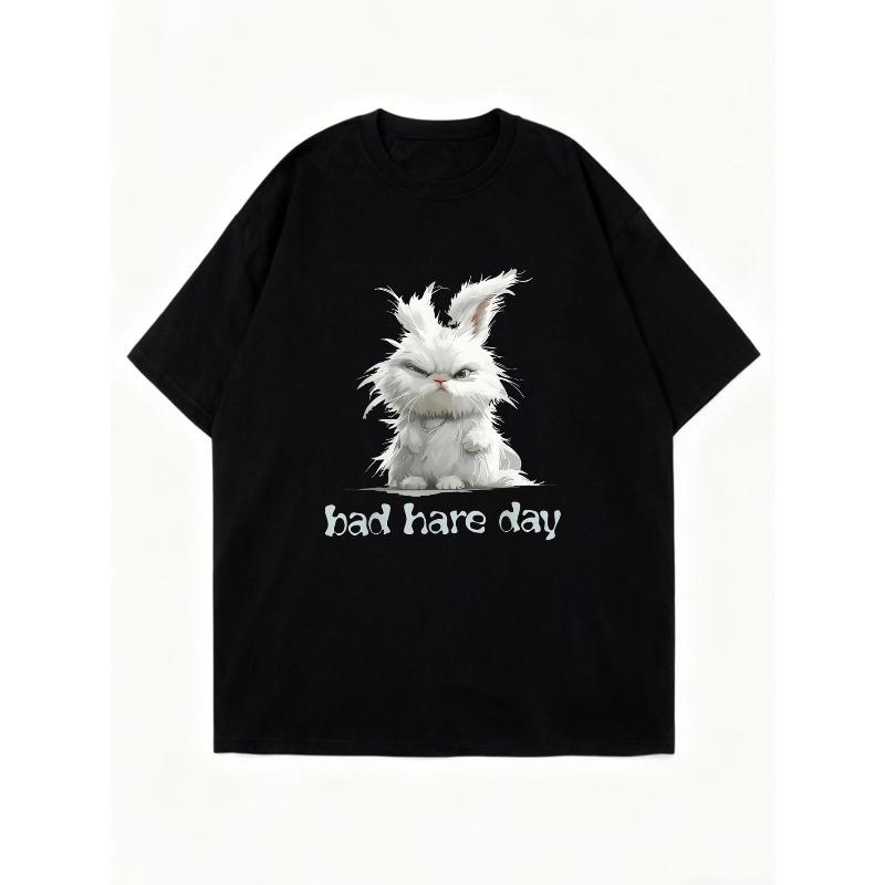 Черная футболка оверсайз с сердитым белым кроликом и надписью Bad Hare Day для повседневной носки