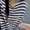Chic Korean Style Striped Ice Silk Knit Long Sleeve T-shirt Sun Protection Cardigan Women's Summer Outer Wear Sheer Top Air Conditioner Shirt