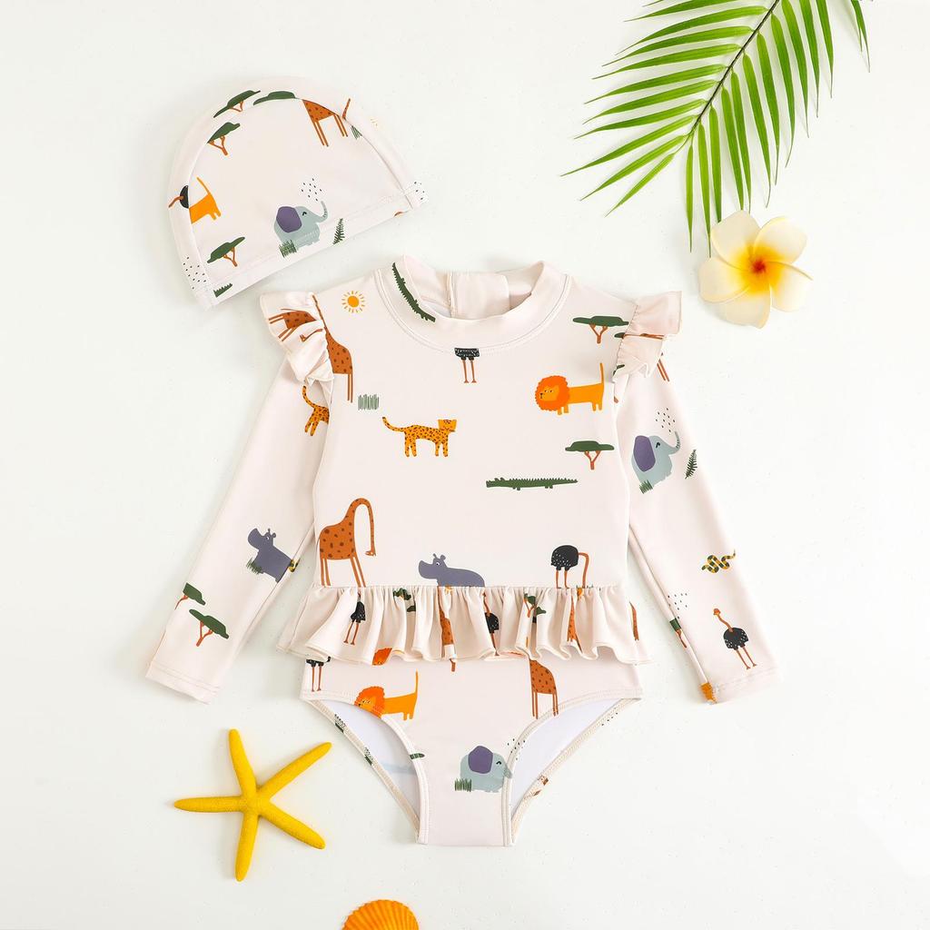 New Summer Children's Swimwear Girls' Bikini Cartoon Print Baby Boys' Swimsuit Long Sleeve Sunscreen Beach Swimming Clothing