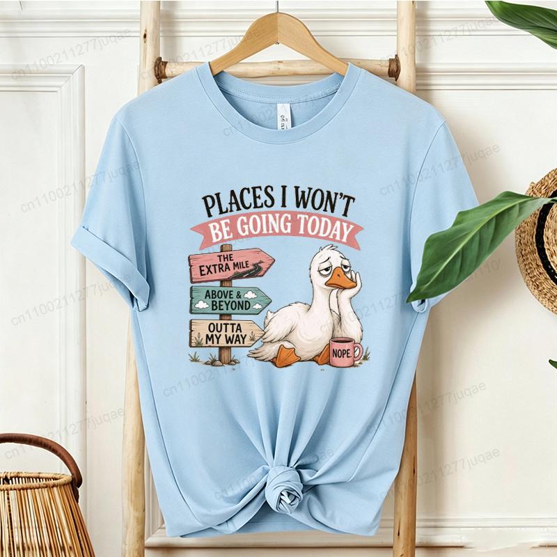 Women Funny Lazy Duck Graphic T Shirt Places I Won’t Be Going Today Sarcastic Quote Tee Casual Retro Short Sleeve Tee Top Outfit