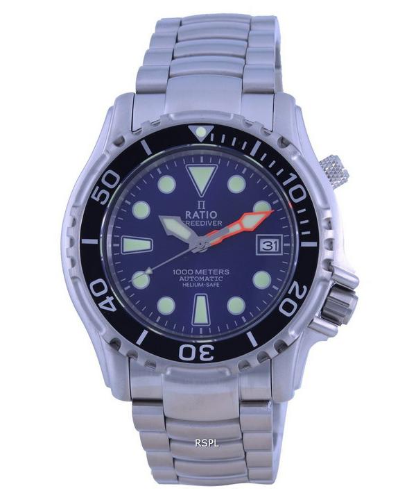 RATIO FreeDiver Helium Safe 1000M автоматические мужские часы из нержавеющей стали с синим циферблатом 1066KE26-33VA-BLU