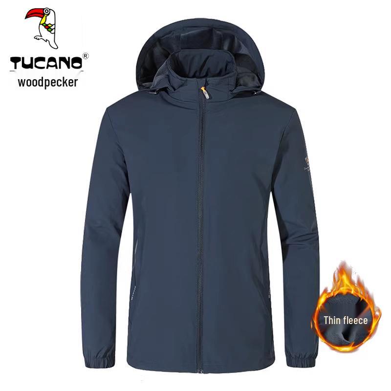 Woodpecker Men's Windproof Jacket - Spring/Autumn, Thin Velvet, Detachable Hood, Casual Style
