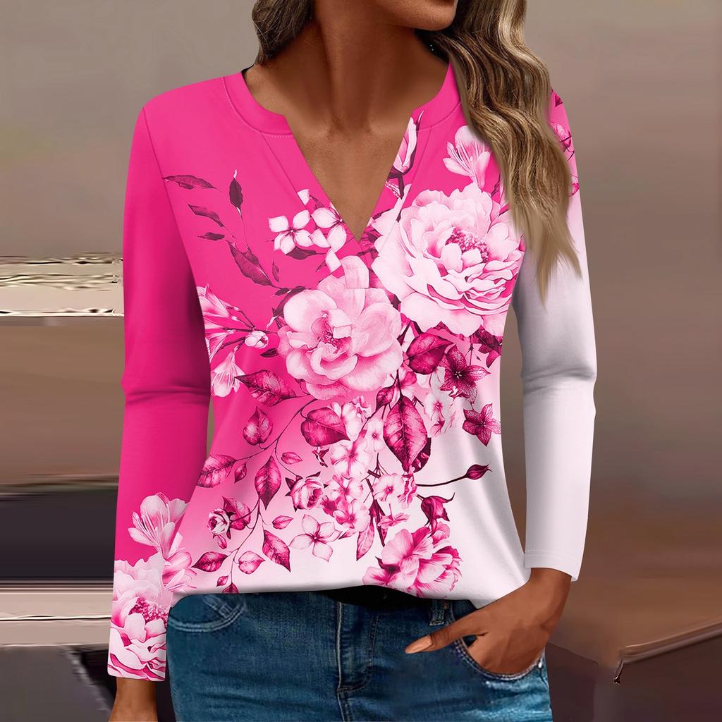 Женская футболка Футболка с принтом и длинным рукавом Повседневные выходные Мода Базовый топ с V-образным вырезом Обычный топ