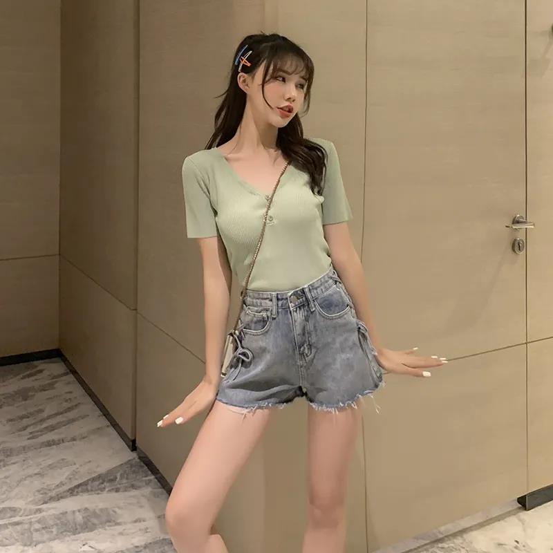 WTEMPO Женские свободные джинсовые шорты с высокой талией и перекрестными бретелями, весна-лето, широкие, А-силуэта, тонкие повседневные шорты