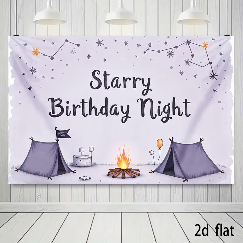 2D Lavender Starry Camping Birthday Backdrop, Campfire Tent Photo Background