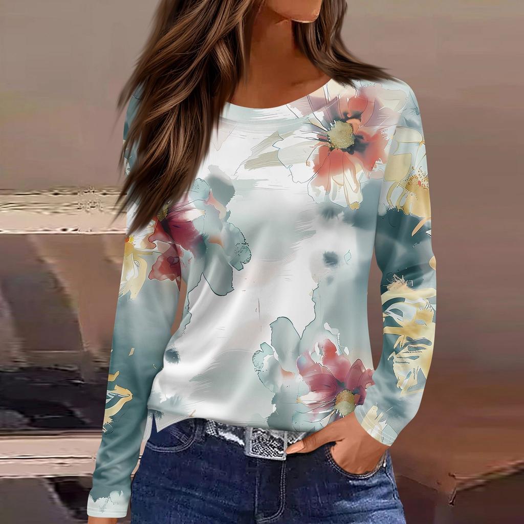 Женская модная повседневная свободная футболка с принтом и круглым вырезом с разрезом и длинным рукавом, женский топ