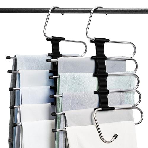 TITIROBA Pants Hangers, Stainless Steel, Set of 2, Space-Saving, Vertical/Horizontal Use, 5-Row, Foldable, Non-Slip, Non-Marking, Matte Black