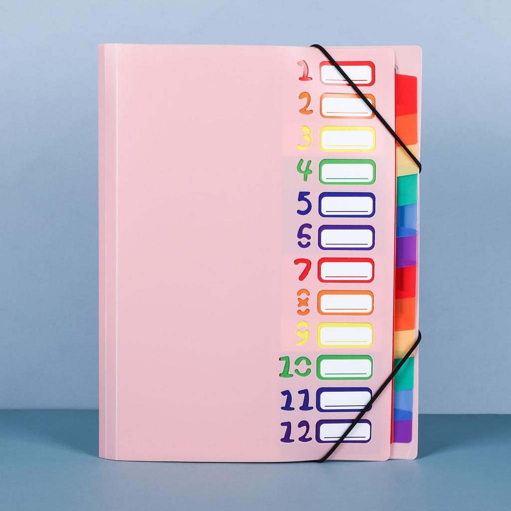 Rainbow Accordion Expanding File Folder 12 Pages Pp Material Elastic Band Closure Colorful Index Tabs Office School Organizer