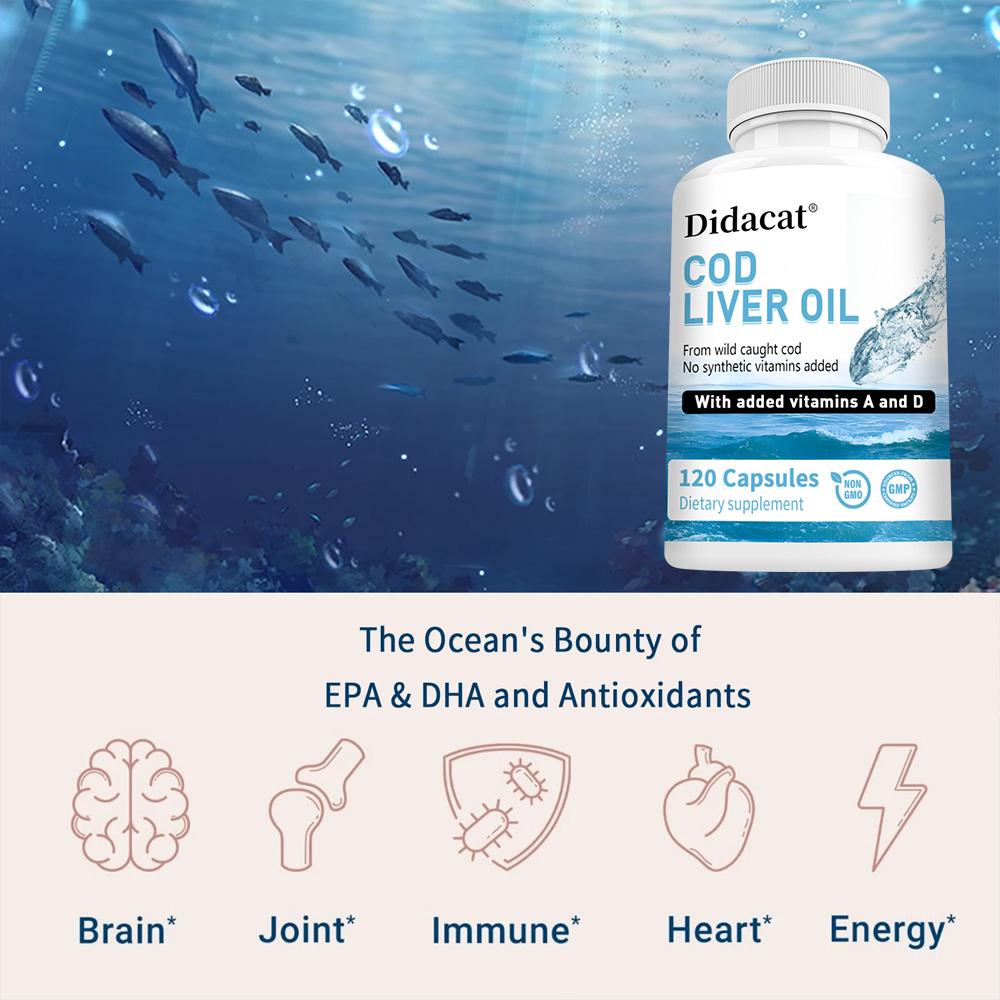 Cod liver oil capsules, lower blood lipids, support bone and vision health, 120 capsules
