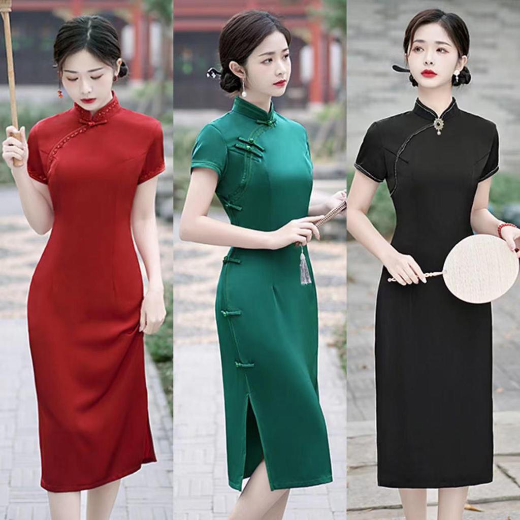 Elegant Slim Cheongsam Dress In Thickened Imitation Silk with Heavy Acetic Acid Satin – Red, Black, Green for Daily or Bridal Wear