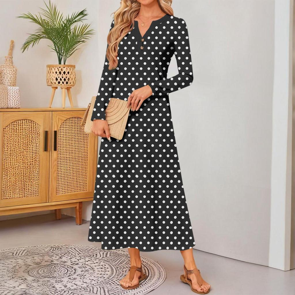 Women Polka Dot Printed Long-sleeved Comfortable Loose Dress, Elegant Dress
