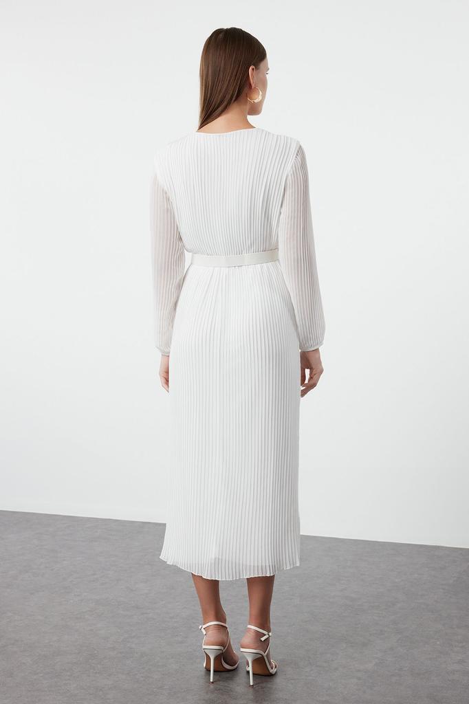 Женское стильное платье Черное шифоновое тканое платье трапециевидной формы с поясом и плиссировкой макси