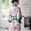 Elegant Deep V Bell Sleeve Kimono Lingerie Set with Vintage Japanese Print