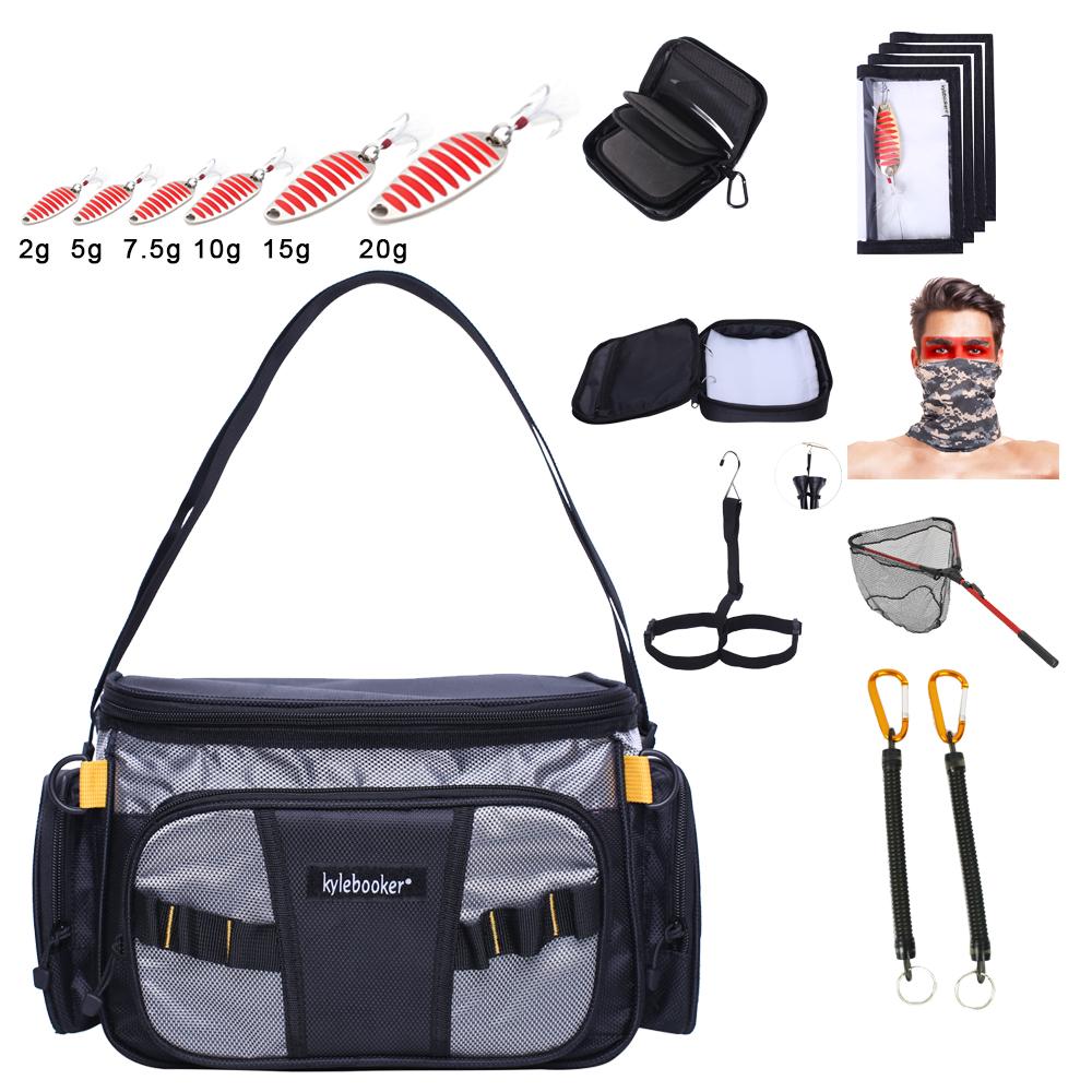 Kylebooker Комбинированный комплект рыболовных снастей: сумка для снастей, сумка для приманок, держатель для приманок, обертки для приманок, подсак, защитная веревка, вешалка для ботинок, рыболовный шарф, мета-приманка-ложка