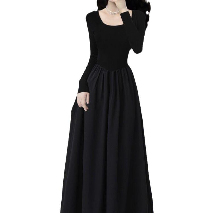 Женское черное платье в стиле «французский чай» 2025 года, облегающее, с квадратным воротником, длинное платье в стиле Хепберн