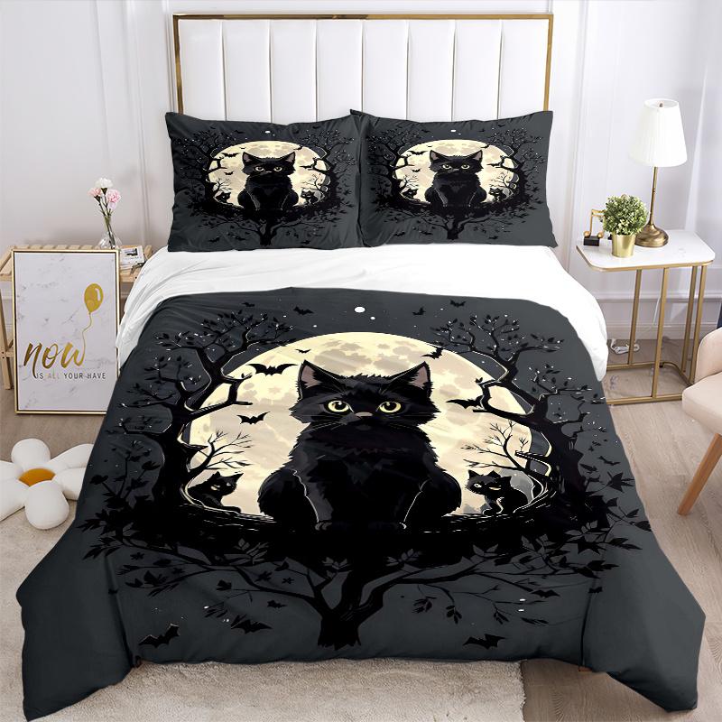 3pcs Moon and Black Cat Creative Design Quilt Cover Set - Soft and Cozy Bedroom, Guest Room and Dorm Decorative Bedding