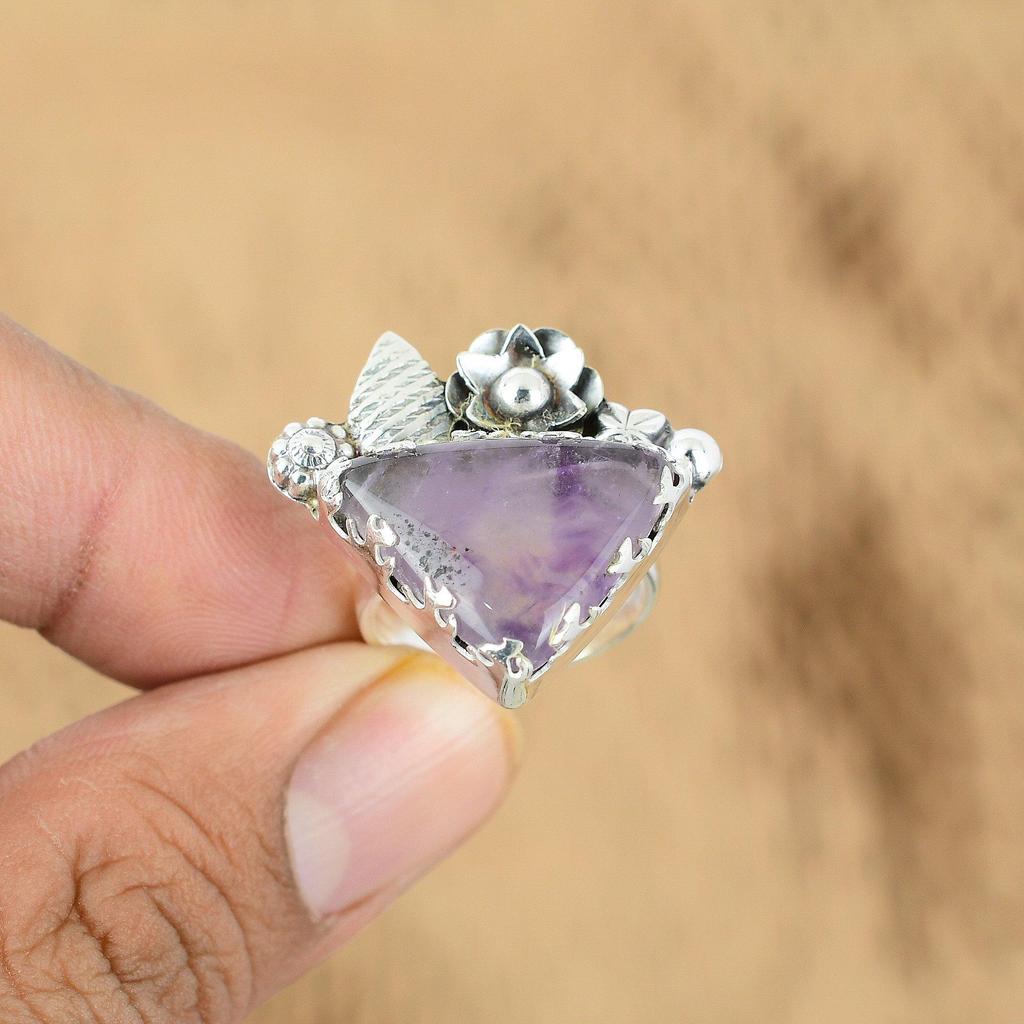 Подарок для нее Серебро 925 пробы Натуральный звездчатый аметист Мульти камень Цветок Регулируемое кольцо