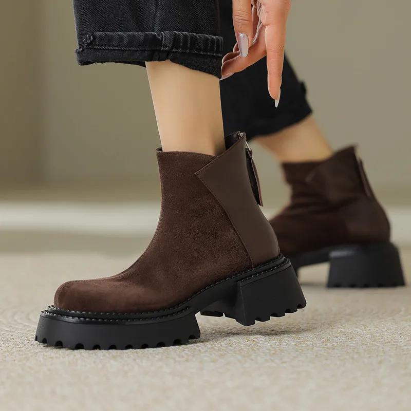 Fashion Luxury Faux Suede Ankle Boots Women 2025 Autumn Winter Chunky Heel Platform Boots Back Zipper Design Chelsea Boots for Women