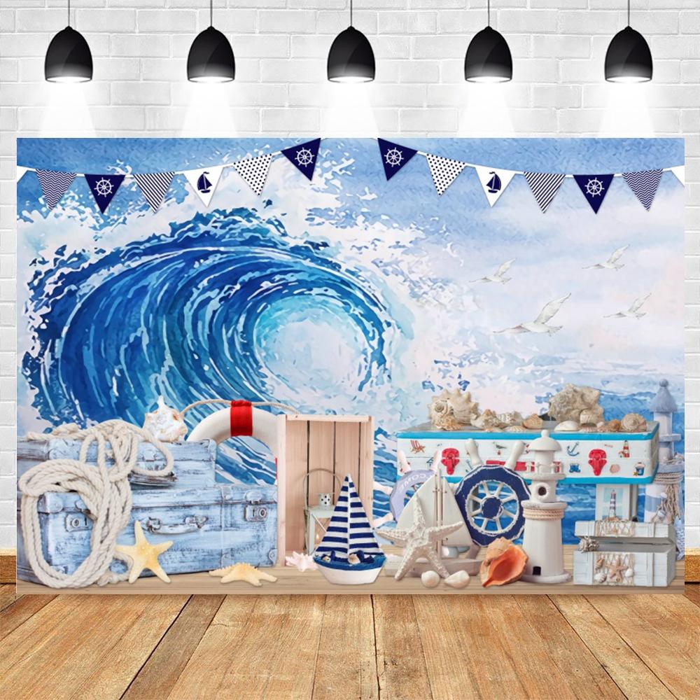 Nautical theme baby party background for photography, sailboat, boat, starfish, wooden board, sailor portrait, Photo background