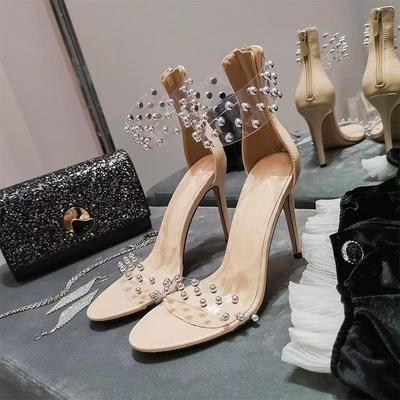 Знаменитые жемчужные босоножки-стилеты с открытым носком и прозрачным ремешком, лето 2025, новинка, жемчужный ремешок с пряжкой, темпераментные высокие каблуки