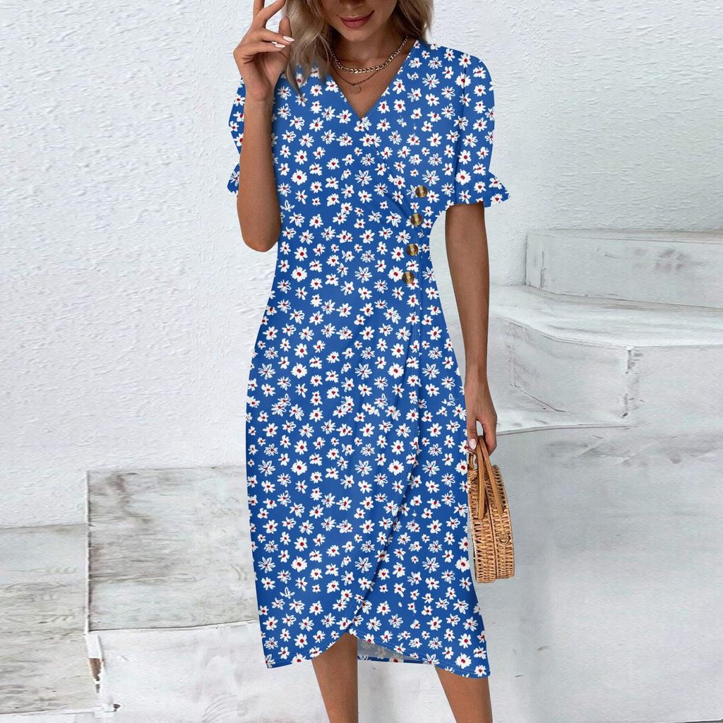 Women's Summer Casual Dress V Neck A-line Boho Ditsy Floral Flounce Sleeve Wrap Hem Dress