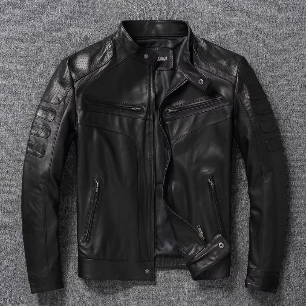 Одежда из натуральной кожи Мужская овчина Мотоциклетная куртка Тонкая сетчатая куртка весна-осень Чистая кожа Пальто с воротником-стойкой