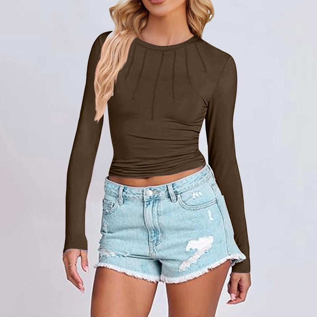 Women's Fashionable Round Neck Slim Fit Solid Color Pleated Long Sleeved Casual Top T-Shirt