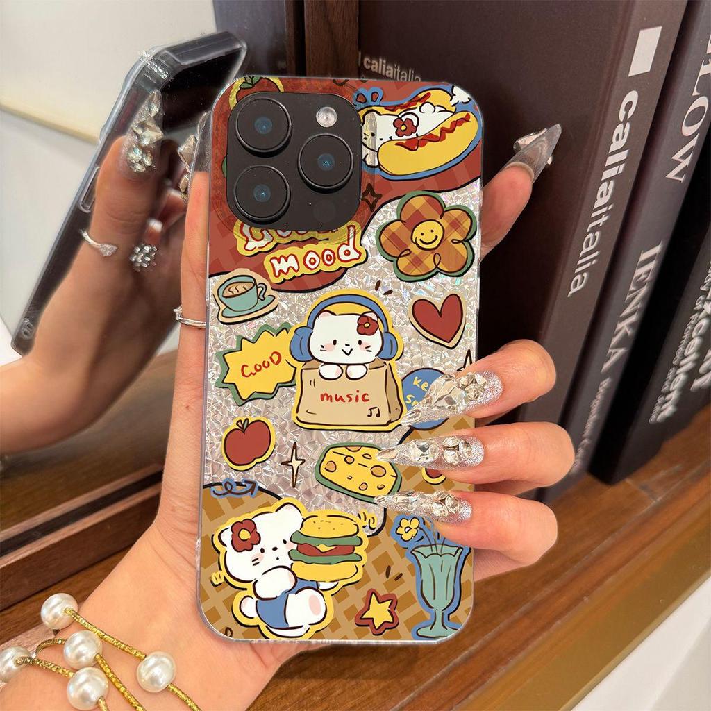 Милый Чехол с Мультяшными Персонажами на Тему Еды для iphone Air XS Max 13 17 Pro 18 Pro Max 16 Plus XR 11 15 14 12 Серебристый Блеск Фон с Трещинами