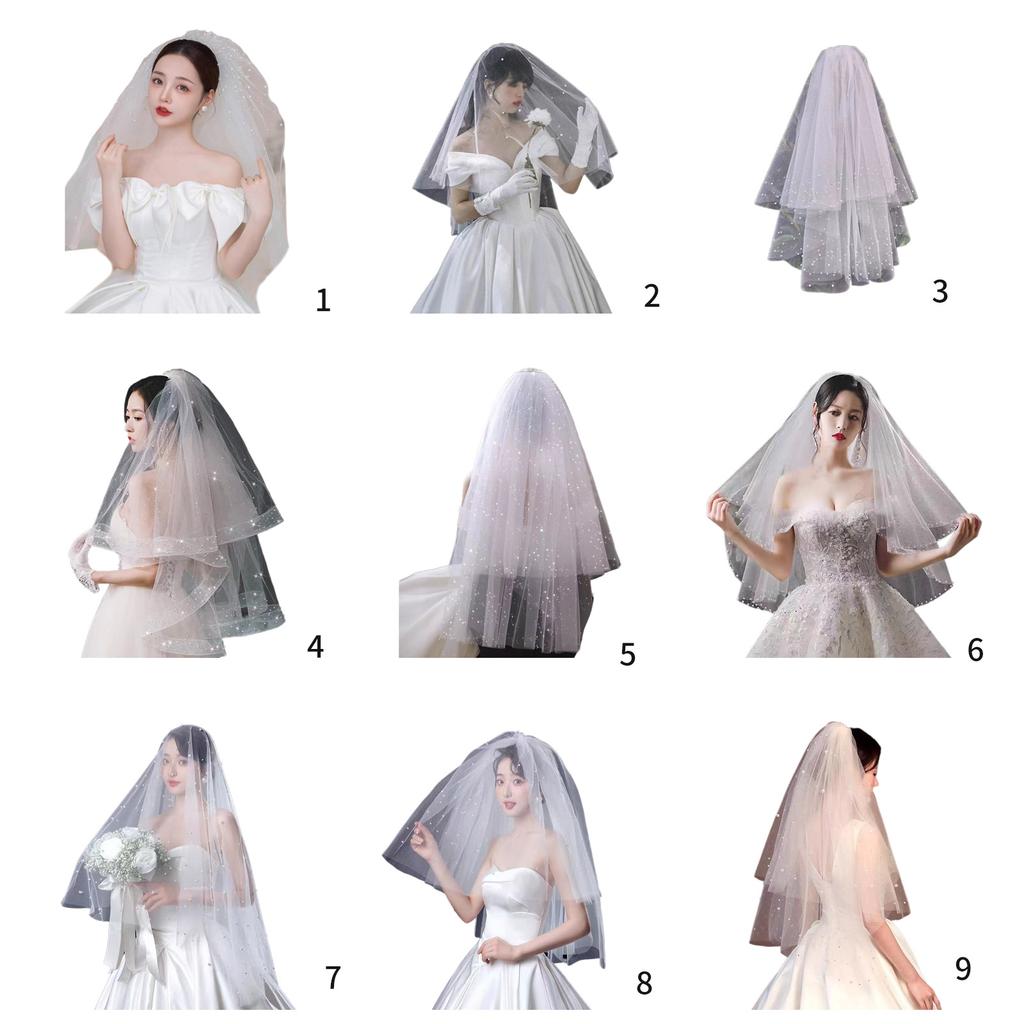 Elegant Bridal Lace Veil Women Pearl Tulle Bachelorette Party White Veil with Rhinestone for Wedding Performances