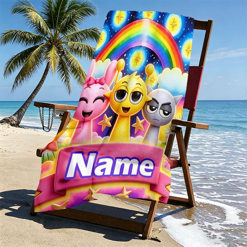 Custom Name Personalized Sprunki Game Print Beach Towel, for Trip Camping Beach Party Home Decor, Birthday Gift for Family & Friends