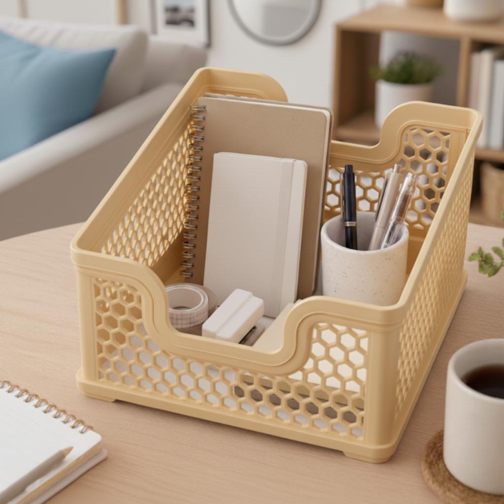 Beige openwork basket organizer, stackable, for a shelf in a cabinet