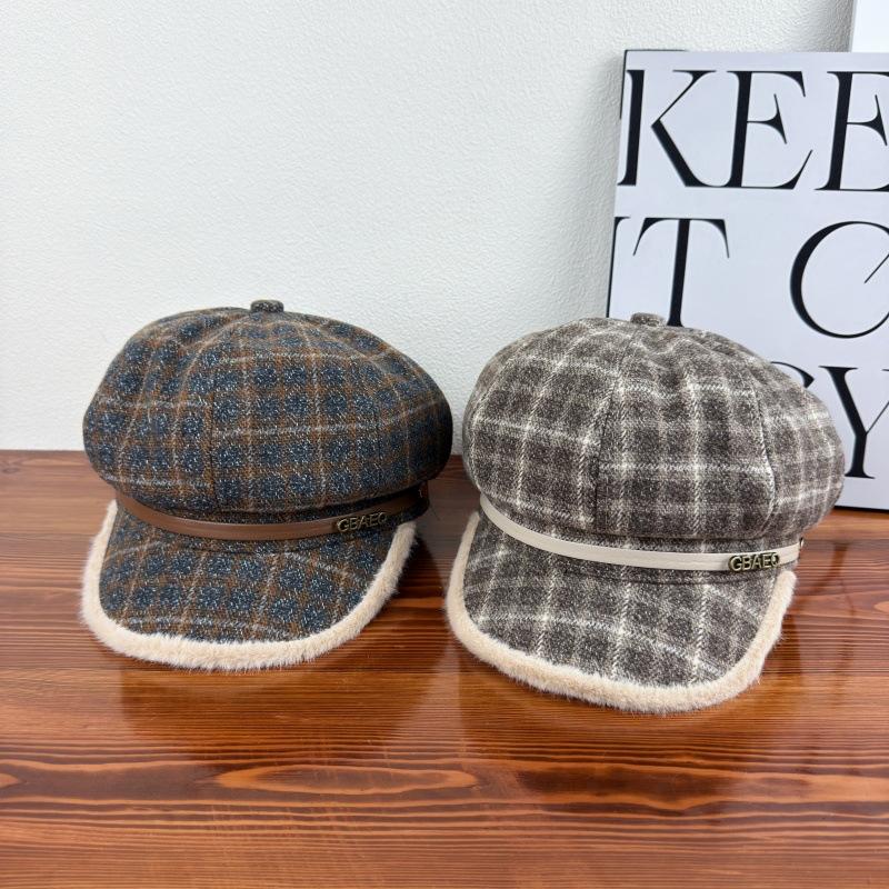 Korean ins plaid octagonal hat women's autumn new wide-brimmed fashionable versatile face newsboy hat