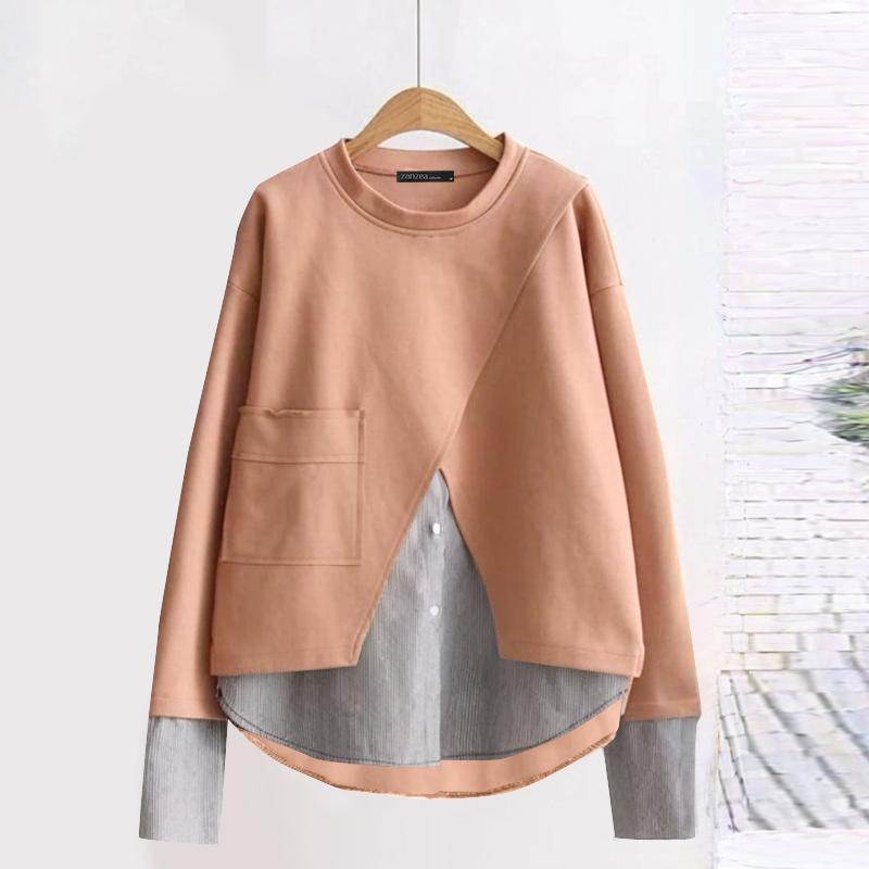 ZANZEA Women Casual Round Neck Long Sleeve Striped Pullover Sweatshirts