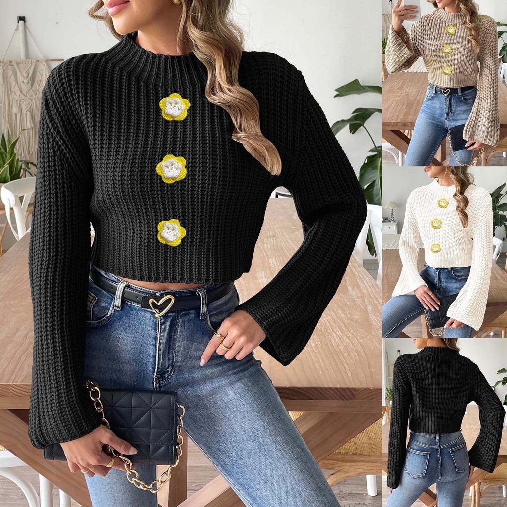 Women's short open-button top, hand-crocheted pearl beads, European and American new horn-sleeved semi-turtleneck sweater
