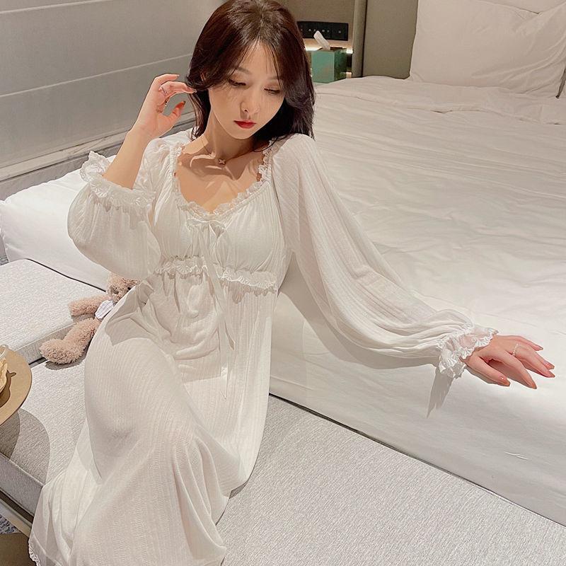 Женские ночные рубашки, кружевная нежная ночная рубашка с квадратным воротником, элегантная ретро-драпированная ночная рубашка до середины икры, уютная ночная рубашка с длинными рукавами