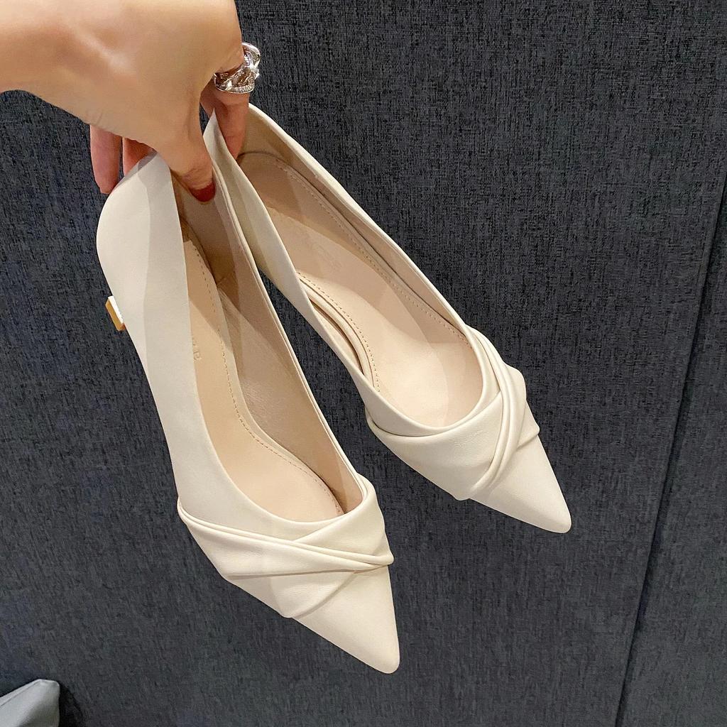 High Heels Women Shoes Thin Heels 5cm Beige Temperament Pointed 3cm Soft Leather Single Shoes with Skirt 2024 Summer New Style