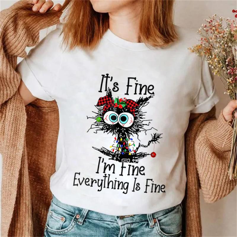 It's Fine I'm Fine Everything Футболки с принтом кота, топы, женская футболка, рождественские футболки с огнями Санта-Клауса, женские топы 90-х Ulzzang, футболки