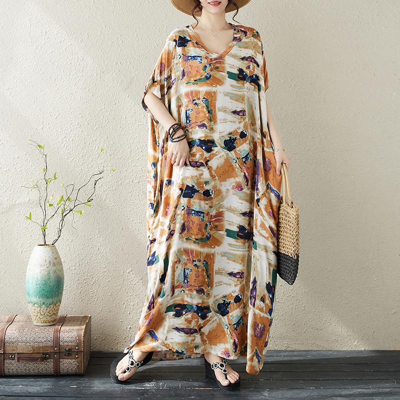 Dimanaf 2024 Plus Size Dress Women Summer V-Neck Sundress Bohemian Floral Print Loose Big Oversize Maxi Dress 5500