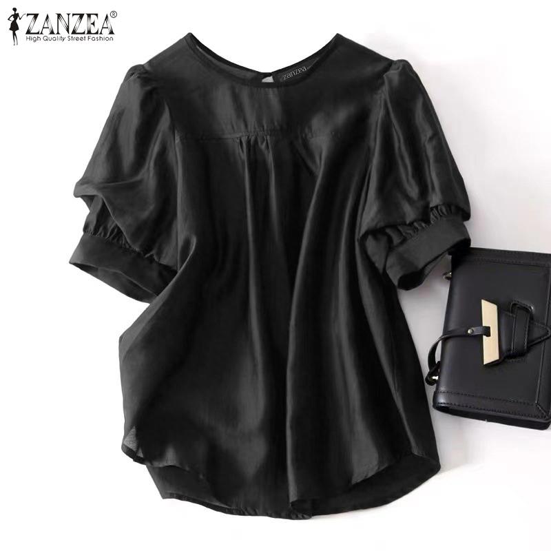 ZANZEA Women Casual Round Neck Summer Short Sleeve Plain Blouse