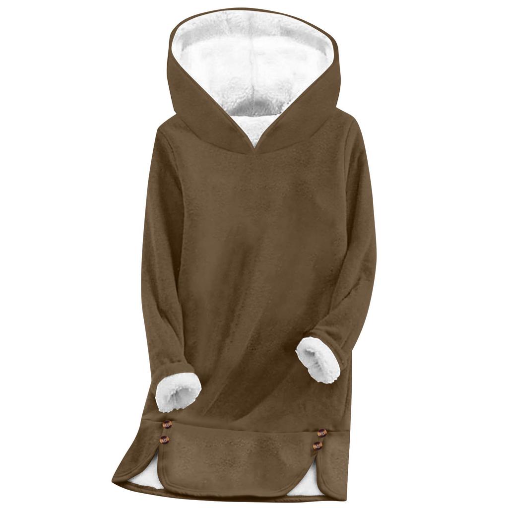 Women's Fashionable Solid Color Hooded Long Sleeved Plush Versatile Warm Bottom Shirt Top