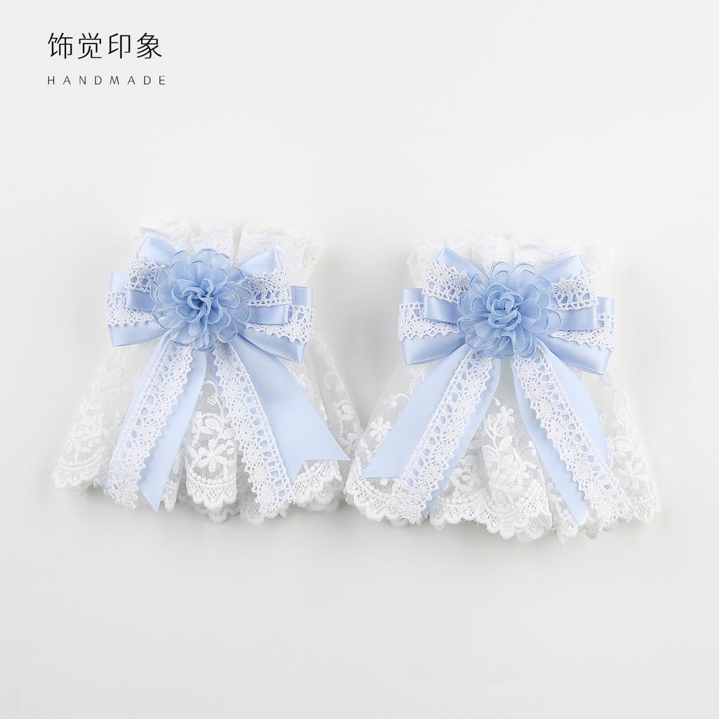 Hand Embroidered Flower Ball Lolita Headdress Original Handmade Lolita Blue White Lace Bow Hair Accessories Headband Top Hat