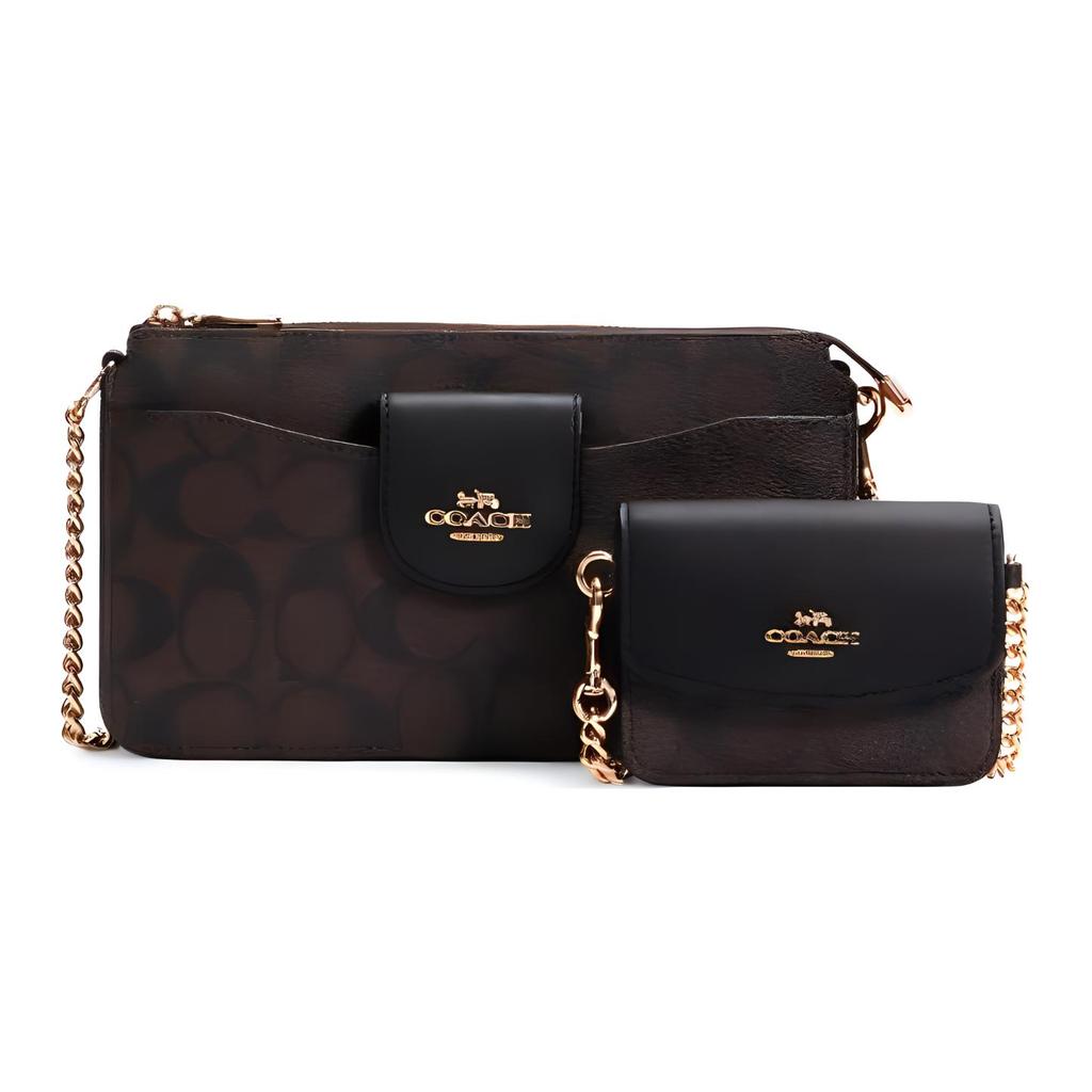 Coach Poppy 10 Модная Сумка-Мини Через Плечо На Цепочке С Застежкой-Молнией С Монограммой Кожаная Женская Сумка Темно-Коричневая C3328-IMAA8