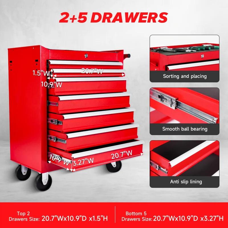 Передвижной металлический ящик для инструментов с 7 ящиками на колесиках - высоконадежный запирающий механизм, высокопрочная холоднокатаная сталь, надежная безопасная кладка для инструментов